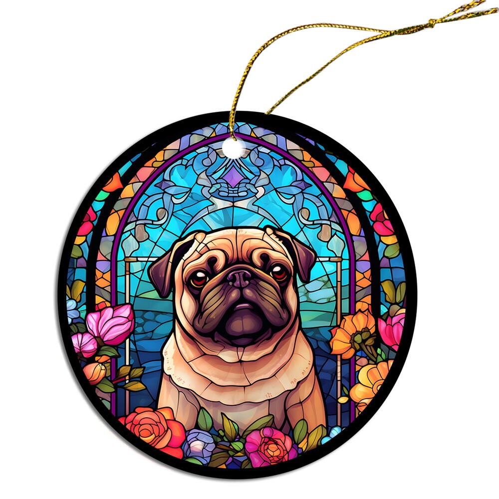 Adorno navideño de vidrieras de raza de perro, estilo "Pug"