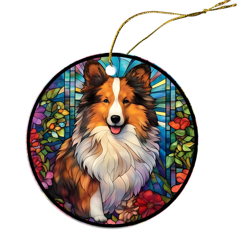 Dog Breed Christmas Ornament Stained Glass Style, "Sheltie"