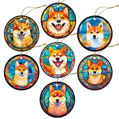 Adorno navideño de vidrieras con la raza de perro "Shiba Inu"