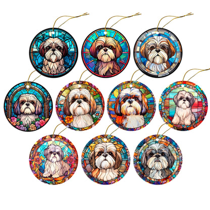 Adorno navideño de vidrieras con la raza de perro "Shih Tzu"