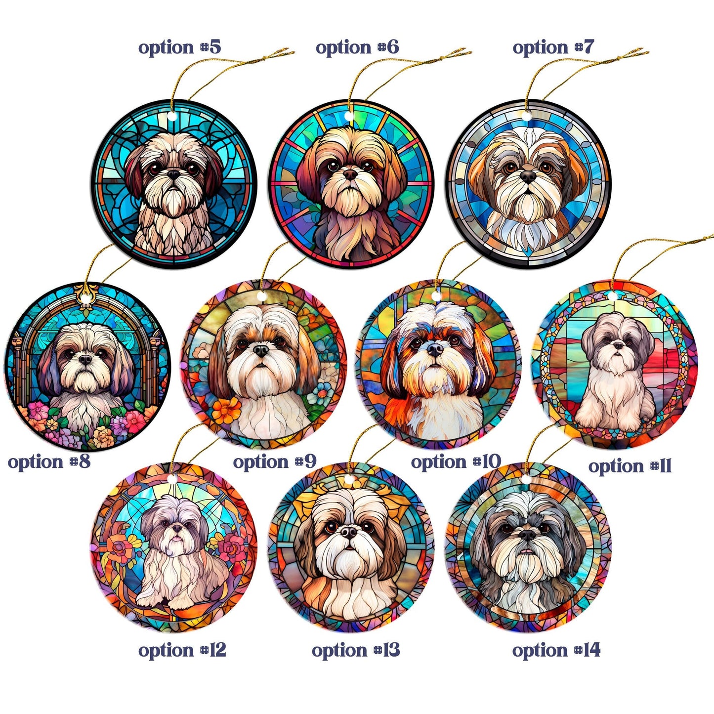 Adorno navideño de vidrieras con la raza de perro "Shih Tzu"