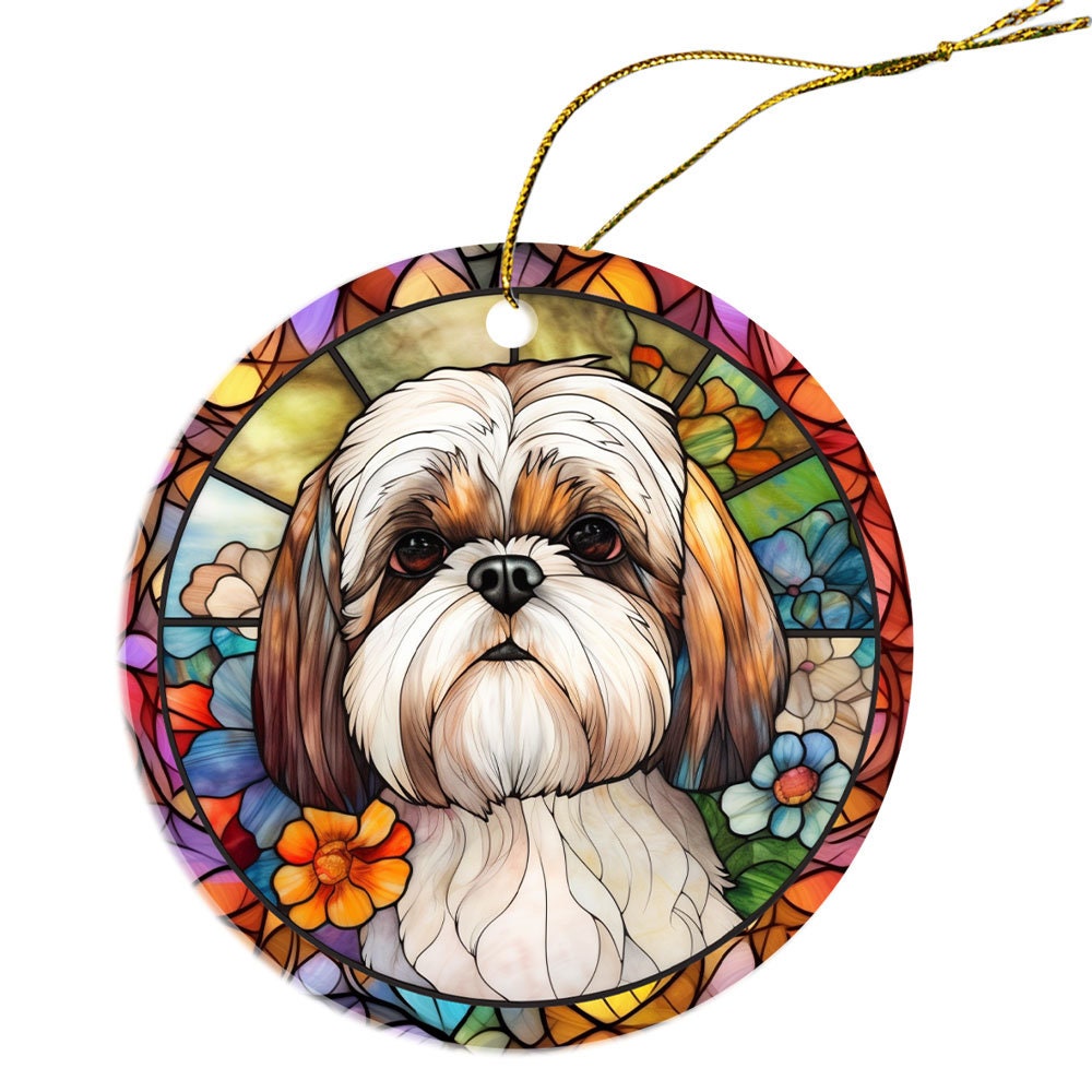 Adorno navideño de vidrieras con la raza de perro "Shih Tzu"