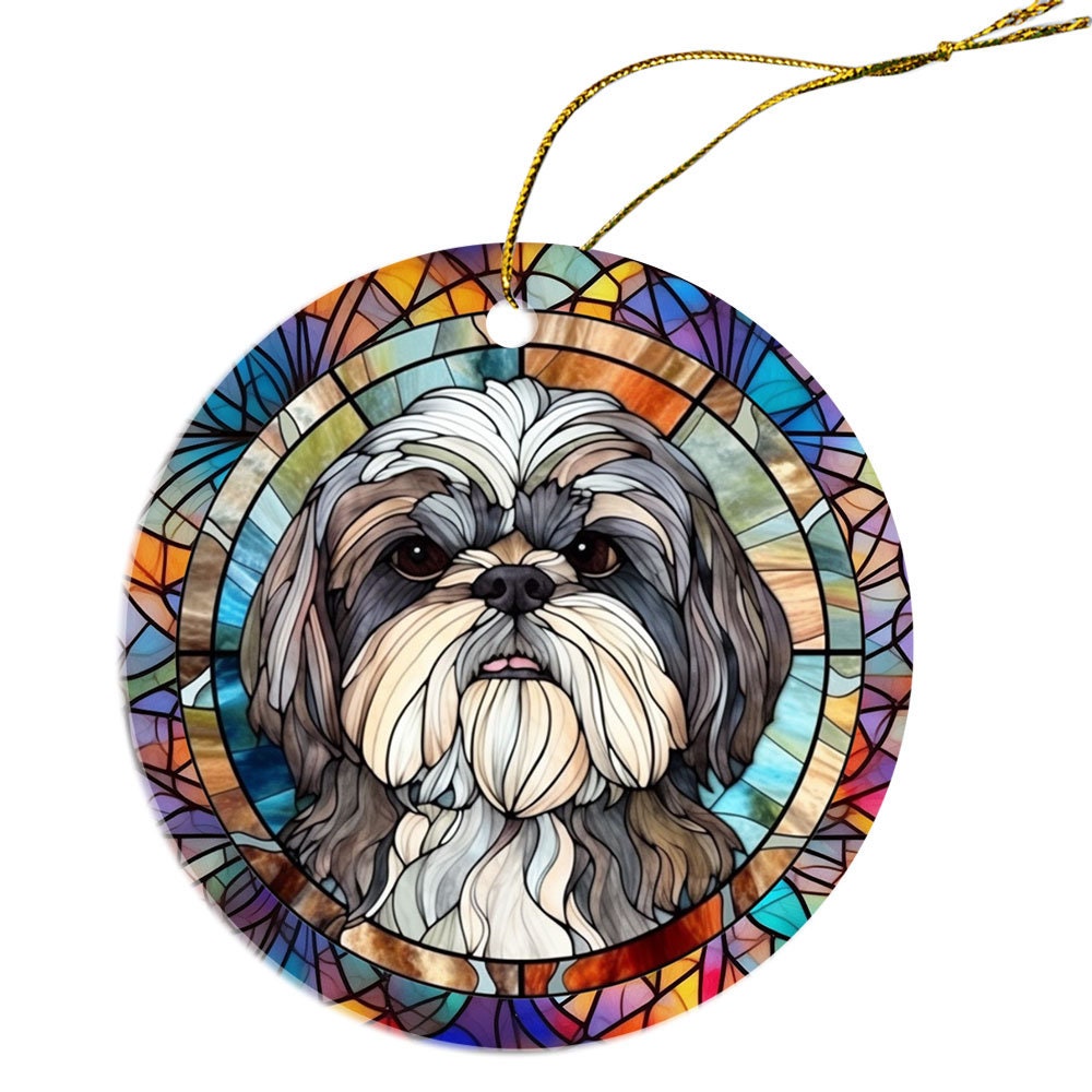 Adorno navideño de vidrieras con la raza de perro "Shih Tzu"