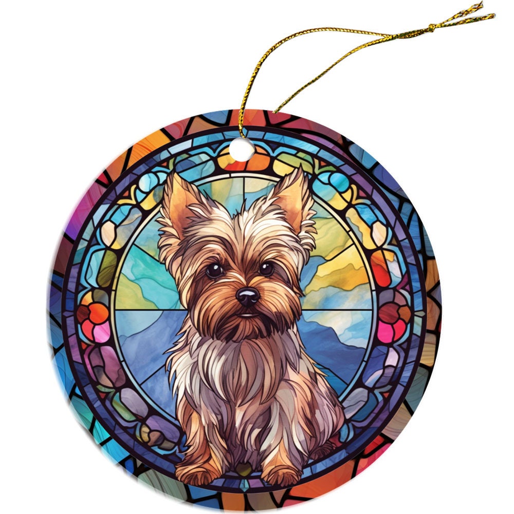 Adorno navideño de vidrieras con la raza de perro, "Yorkie"