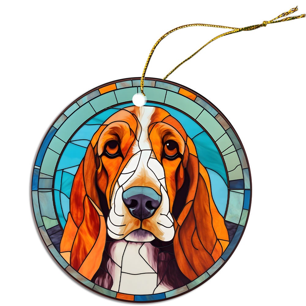 Adorno navideño de vidrieras con la raza de perro "Basset Hound"