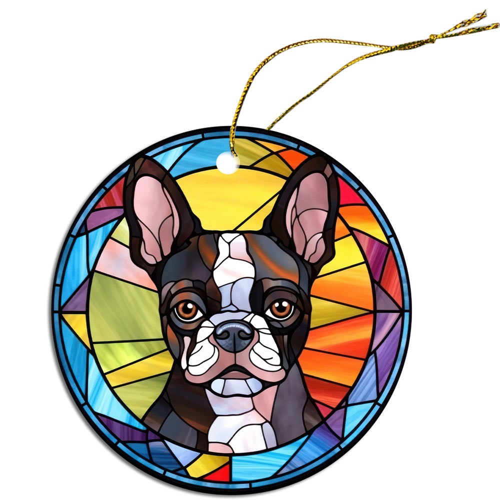 Dog Breed Christmas Ornament Stained Glass Style, "Boston Terrier"