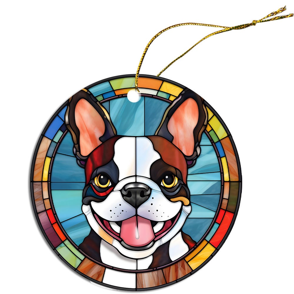 Dog Breed Christmas Ornament Stained Glass Style, "Boston Terrier"