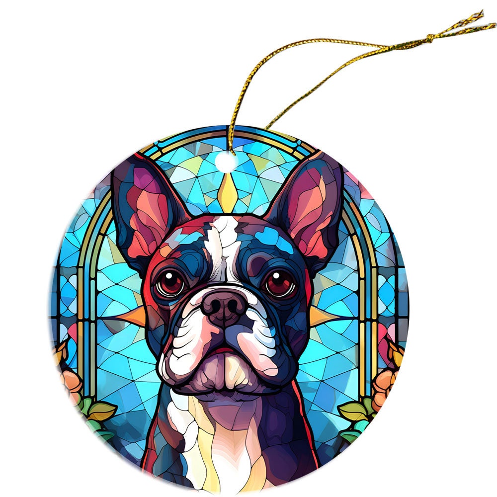 Dog Breed Christmas Ornament Stained Glass Style, "Boston Terrier"