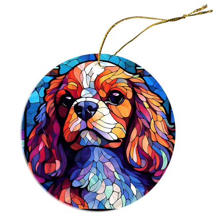 Adorno navideño de vidrieras con la raza de perro "Cavalier King Charles Spaniel"