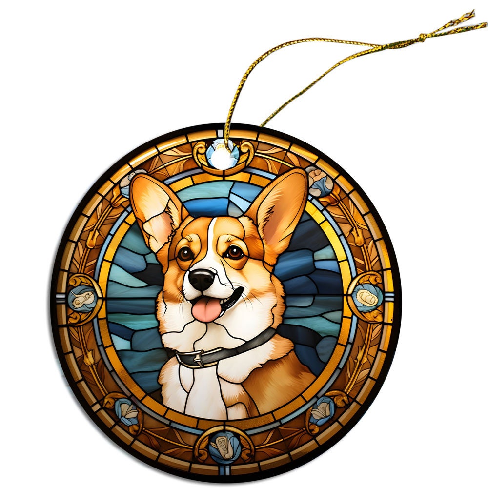 Adorno navideño de vidrieras con la raza de perro "Corgi"