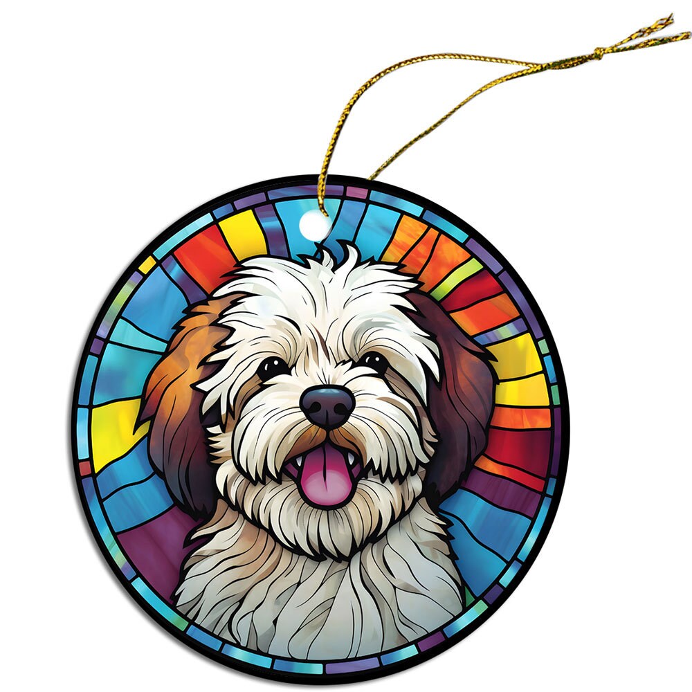 Adorno navideño de vidrieras con la raza de perro, "Havanese"