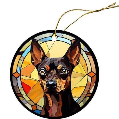 Adorno navideño de vidrieras con la raza de perro "Pinscher miniatura"