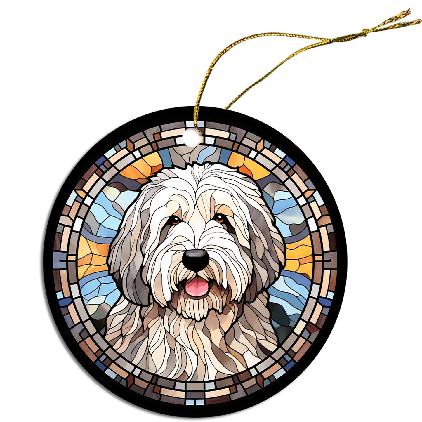 Adorno navideño de vidrieras de raza de perro, "Old English Sheepdog"