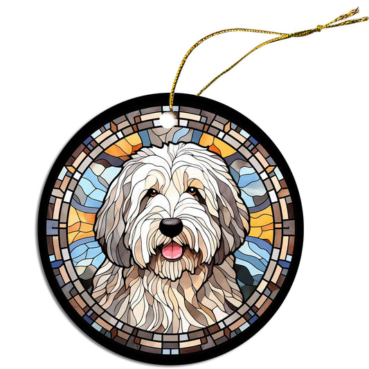 Adorno navideño de vidrieras de raza de perro, "Old English Sheepdog"