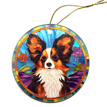 Adorno navideño de vidrieras con la raza de perro, "Papillon"