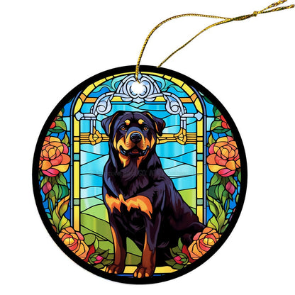 Adorno navideño de vidrieras con la raza de perro "Rottweiler"