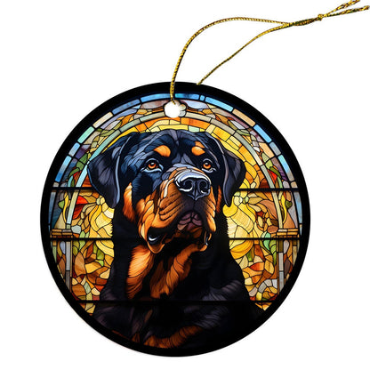 Adorno navideño de vidrieras con la raza de perro "Rottweiler"