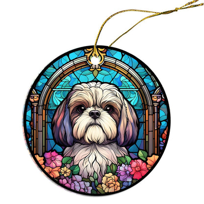 Adorno navideño de vidrieras con la raza de perro "Shih Tzu"