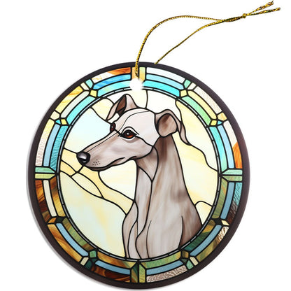 Adorno navideño de vidrieras con la raza de perro "Whippet"