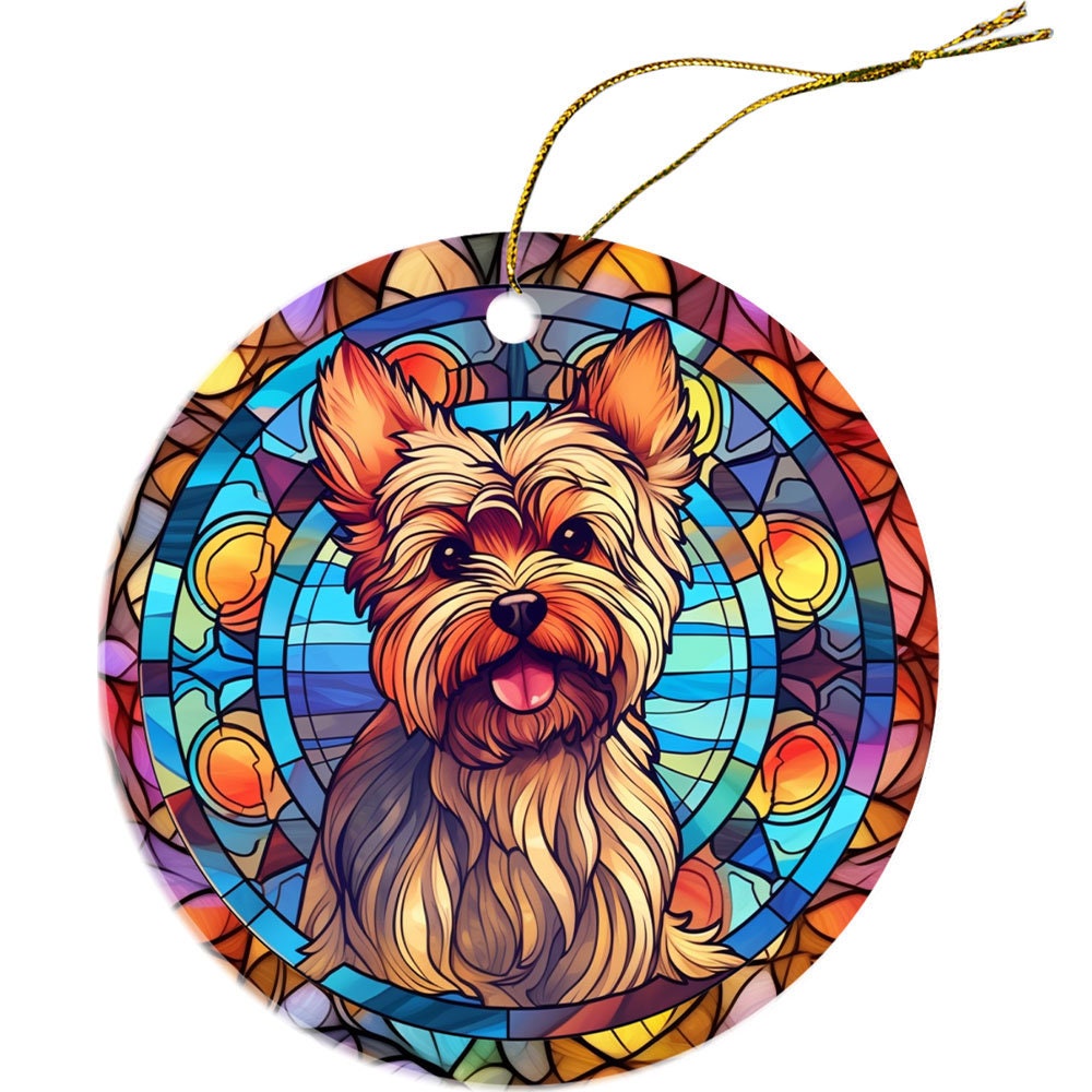 Adorno navideño de vidrieras con la raza de perro, "Yorkie"