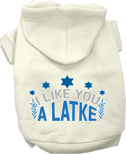 Sudadera con capucha para mascotas, perros y gatos de Hanukkah serigrafiada con la frase "I Like You A Latke" (Me gustas un latke)