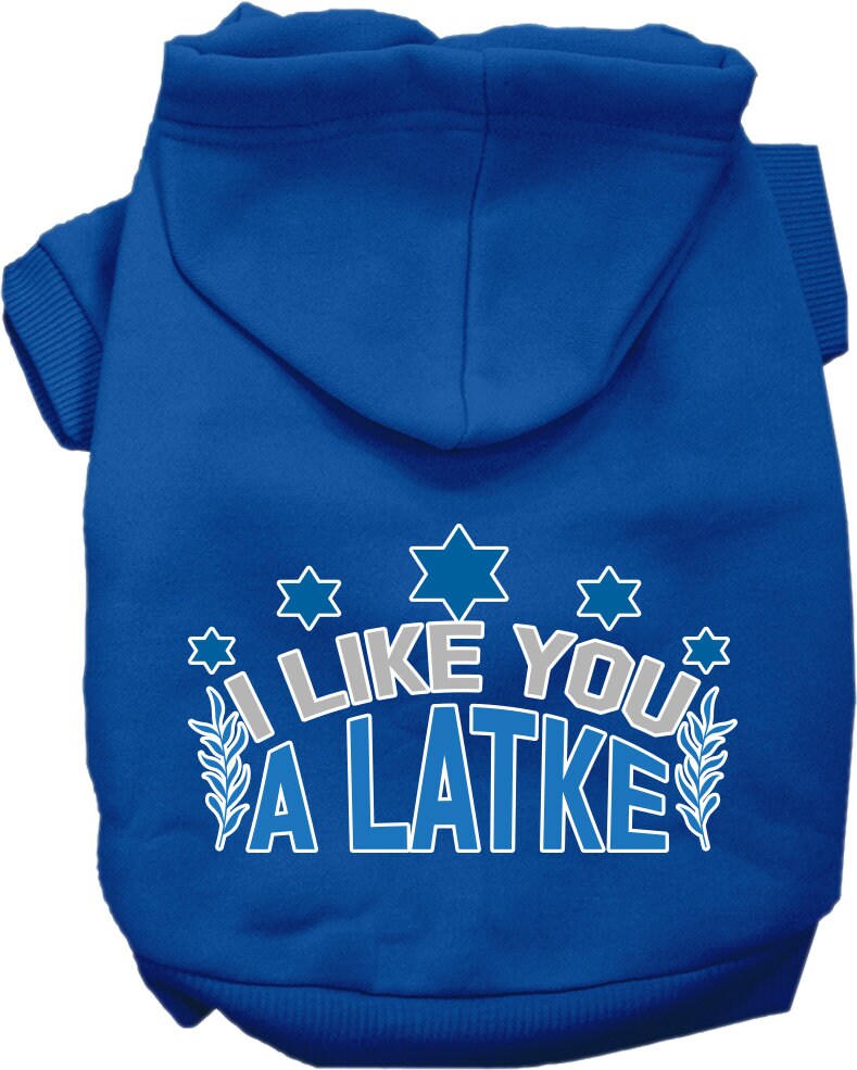 Sudadera con capucha para mascotas, perros y gatos de Hanukkah serigrafiada con la frase "I Like You A Latke" (Me gustas un latke)