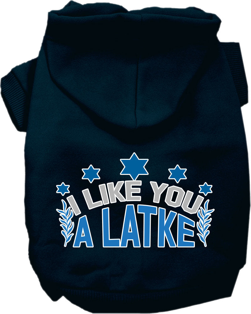 Sudadera con capucha para mascotas, perros y gatos de Hanukkah serigrafiada con la frase "I Like You A Latke" (Me gustas un latke)