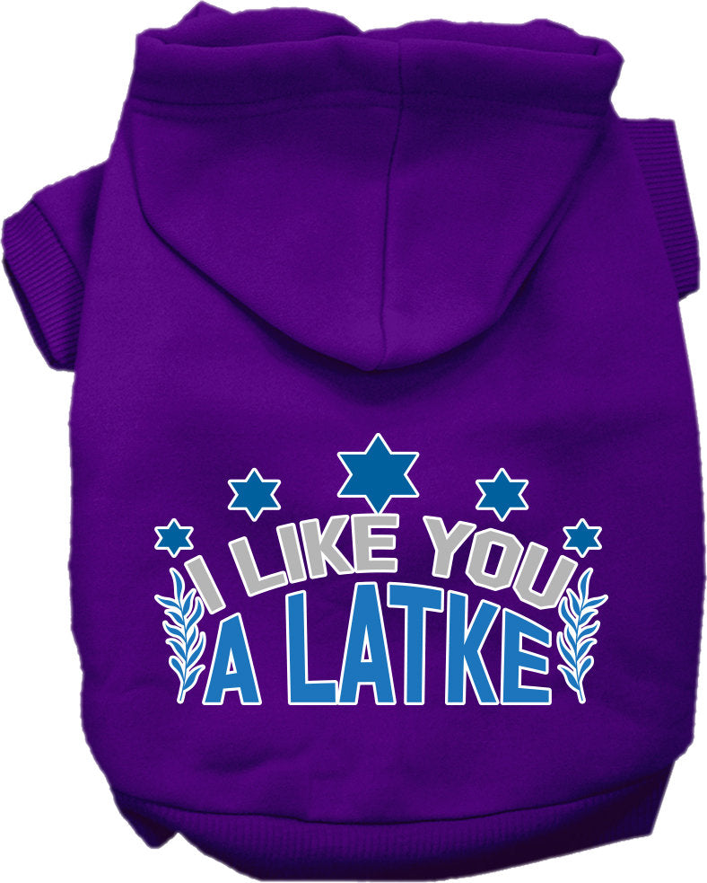 Sudadera con capucha para mascotas, perros y gatos de Hanukkah serigrafiada con la frase "I Like You A Latke" (Me gustas un latke)