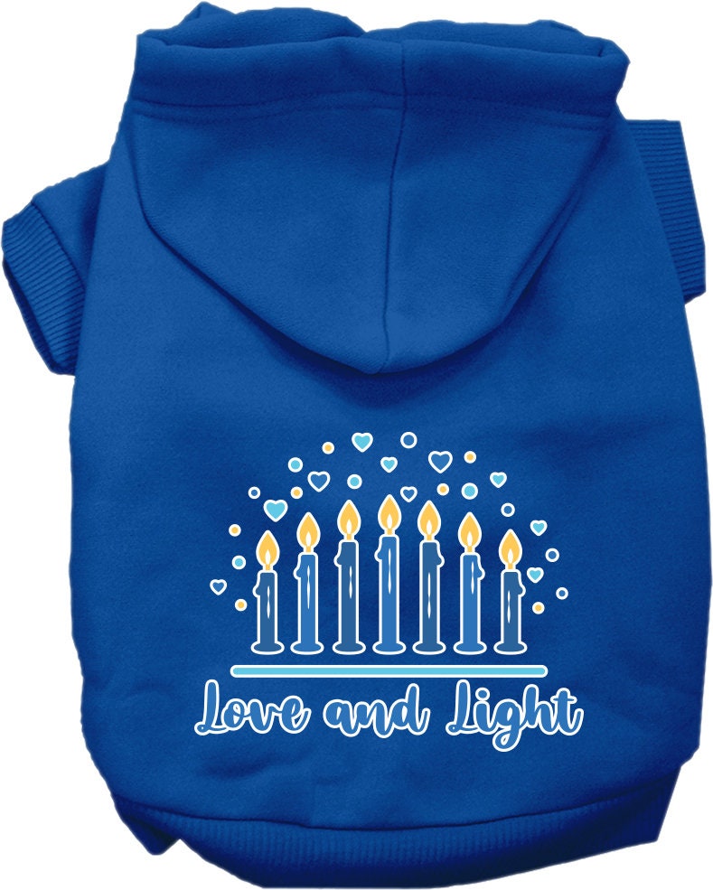 Sudadera con capucha para mascotas, perros y gatos de Hanukkah serigrafiada con la frase "Amor y luz"