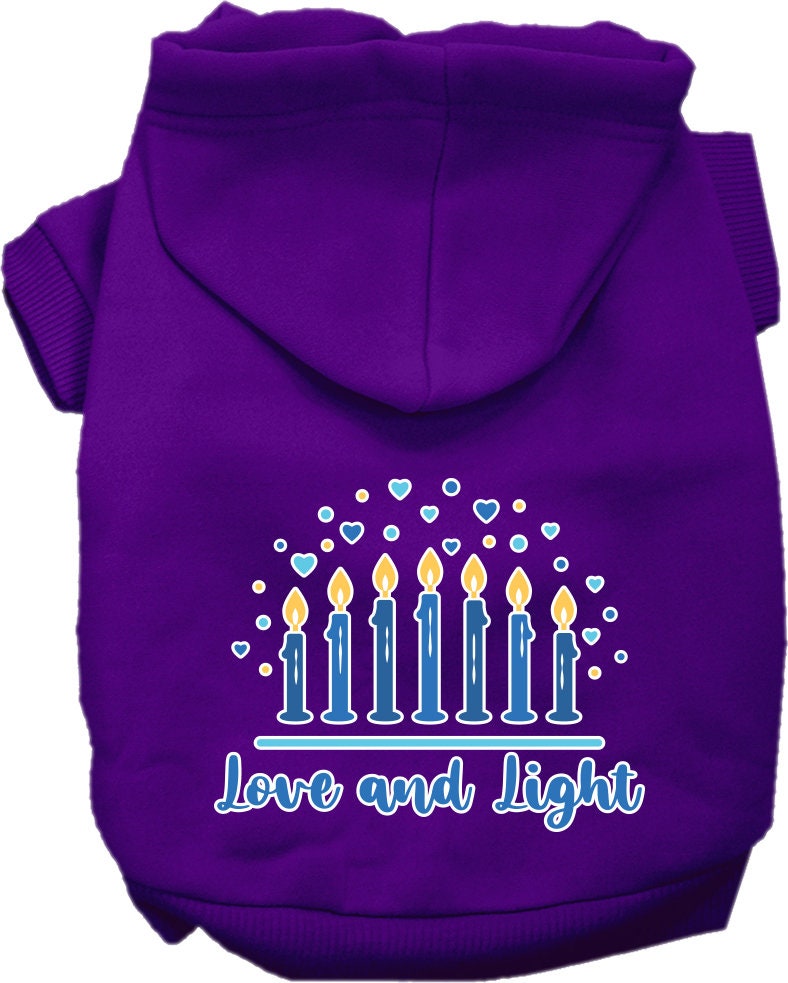 Sudadera con capucha para mascotas, perros y gatos de Hanukkah serigrafiada con la frase "Amor y luz"