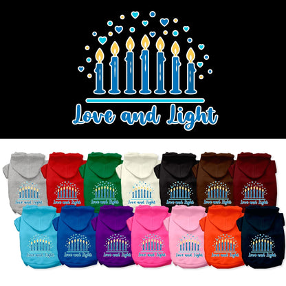 Sudadera con capucha para mascotas, perros y gatos de Hanukkah serigrafiada con la frase "Amor y luz"