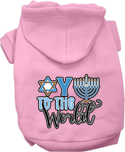 Sudadera con capucha para mascotas, perros y gatos de Hanukkah serigrafiada con la frase "Oy To The World"