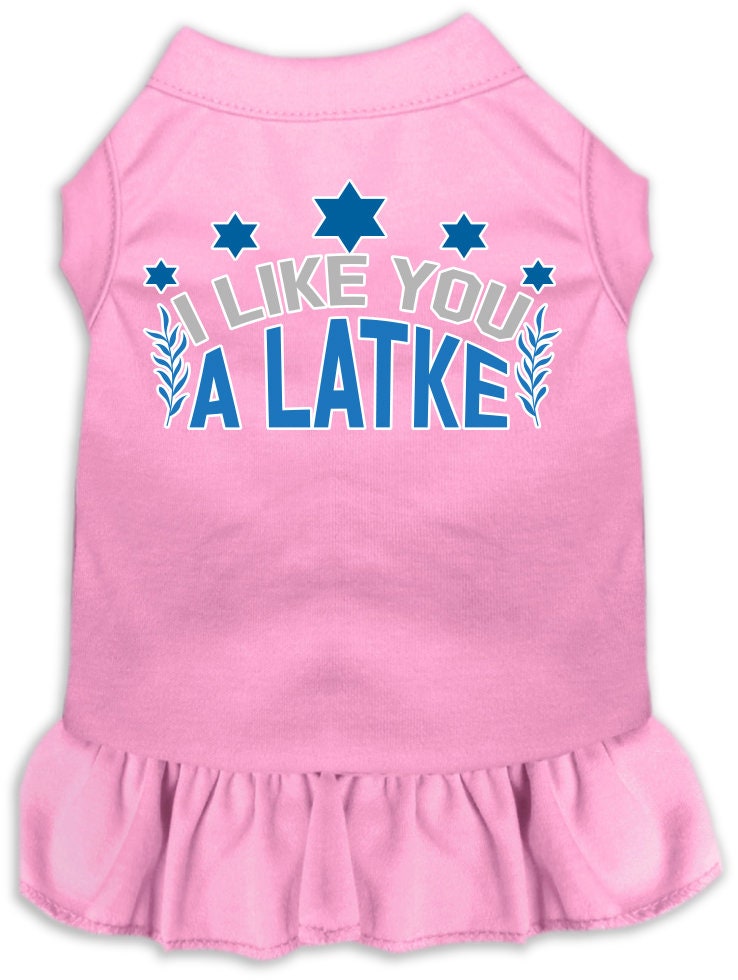 Vestido para mascotas, perros y gatos de Hanukkah con serigrafía "I Like You A Latke"