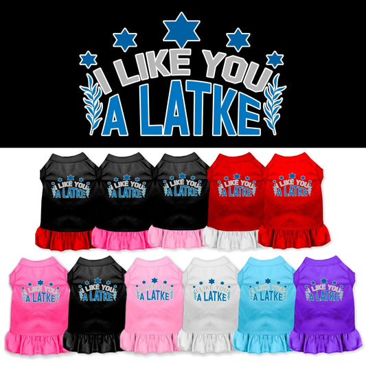 Vestido para mascotas, perros y gatos de Hanukkah con serigrafía "I Like You A Latke"