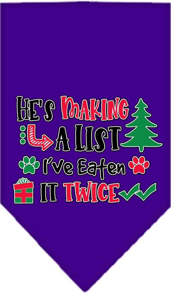 Christmas Pet and Dog Bandana Screen Printed, "He's Making A List, I've Eaten It Twice"