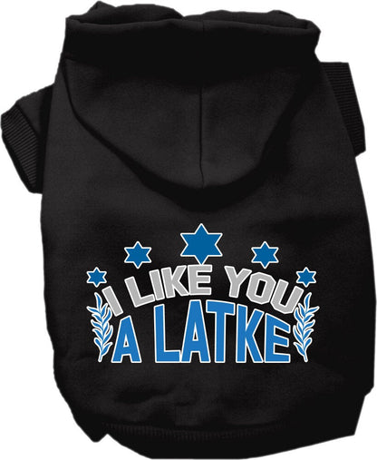 Sudadera con capucha para mascotas, perros y gatos de Hanukkah serigrafiada con la frase "I Like You A Latke" (Me gustas un latke)