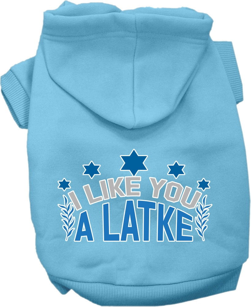 Sudadera con capucha para mascotas, perros y gatos de Hanukkah serigrafiada con la frase "I Like You A Latke" (Me gustas un latke)