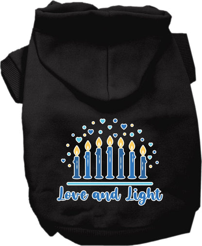 Sudadera con capucha para mascotas, perros y gatos de Hanukkah serigrafiada con la frase "Amor y luz"