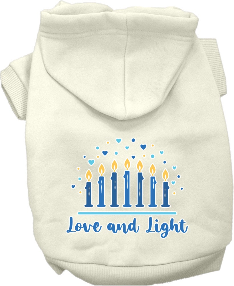 Sudadera con capucha para mascotas, perros y gatos de Hanukkah serigrafiada con la frase "Amor y luz"