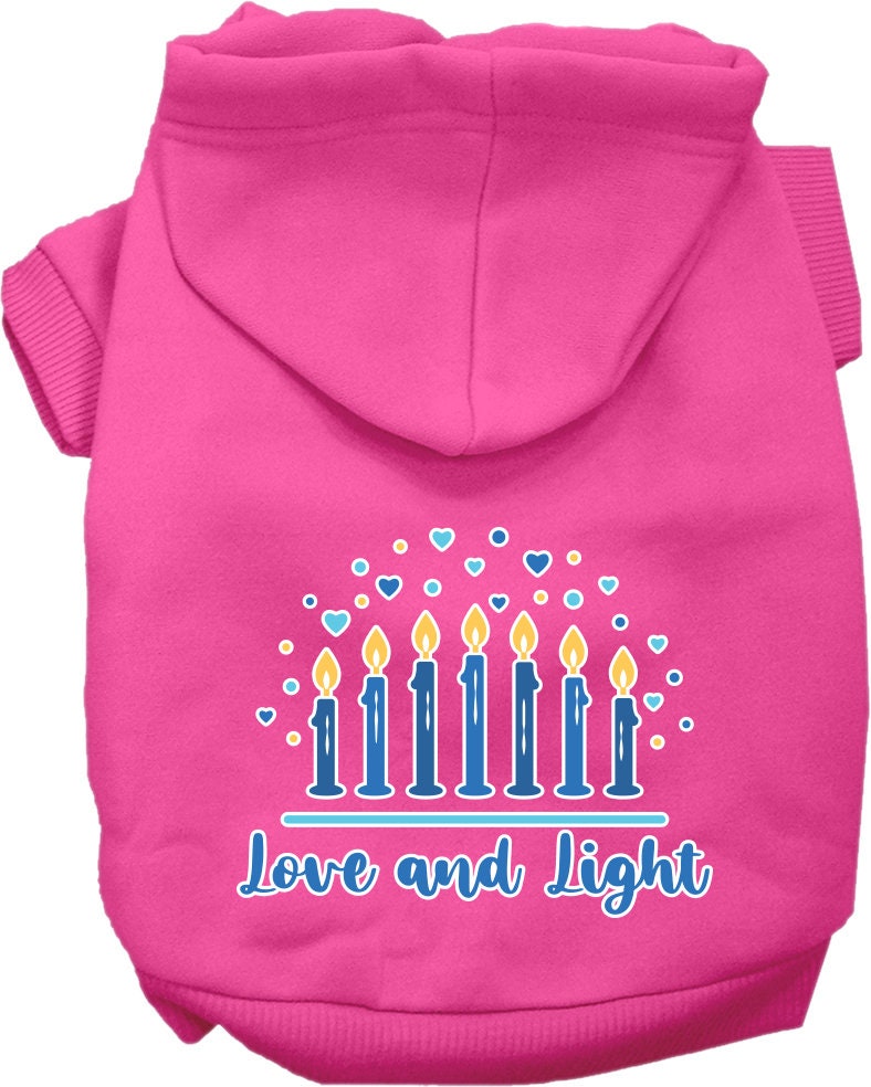 Sudadera con capucha para mascotas, perros y gatos de Hanukkah serigrafiada con la frase "Amor y luz"