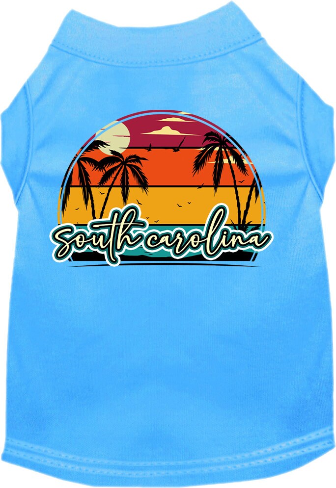 Camiseta serigrafiada para perros y gatos, para mascotas pequeñas y medianas (tallas XS a XL), "Puesta de sol retro en la playa de Carolina del Sur"