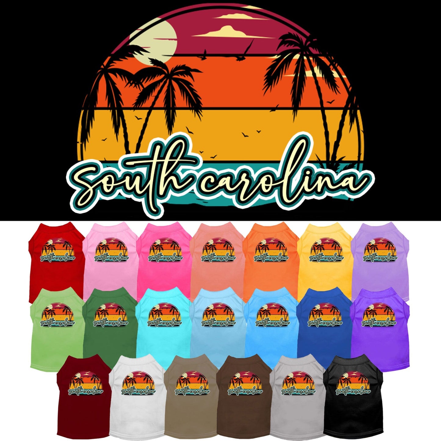 Camiseta serigrafiada para perros y gatos, para mascotas pequeñas y medianas (tallas XS a XL), "Puesta de sol retro en la playa de Carolina del Sur"