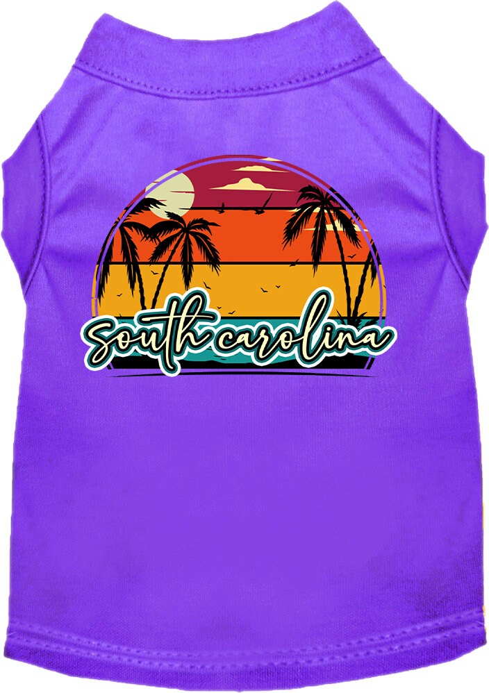 Camiseta serigrafiada para perros y gatos, para mascotas pequeñas y medianas (tallas XS a XL), "Puesta de sol retro en la playa de Carolina del Sur"