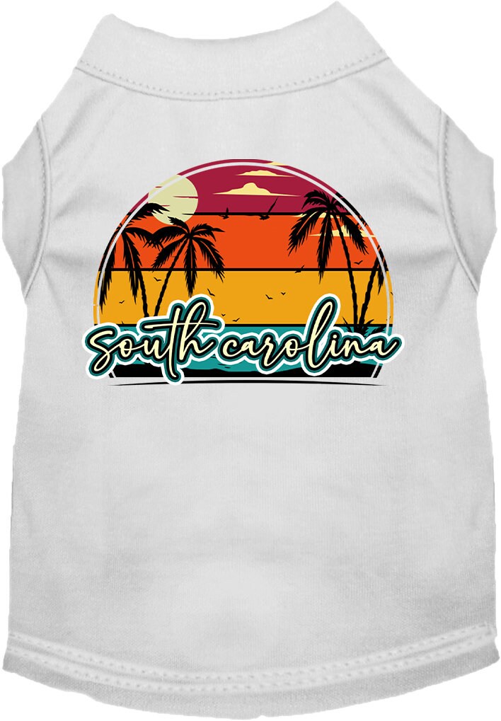 Camiseta serigrafiada para perros y gatos, para mascotas pequeñas y medianas (tallas XS a XL), "Puesta de sol retro en la playa de Carolina del Sur"