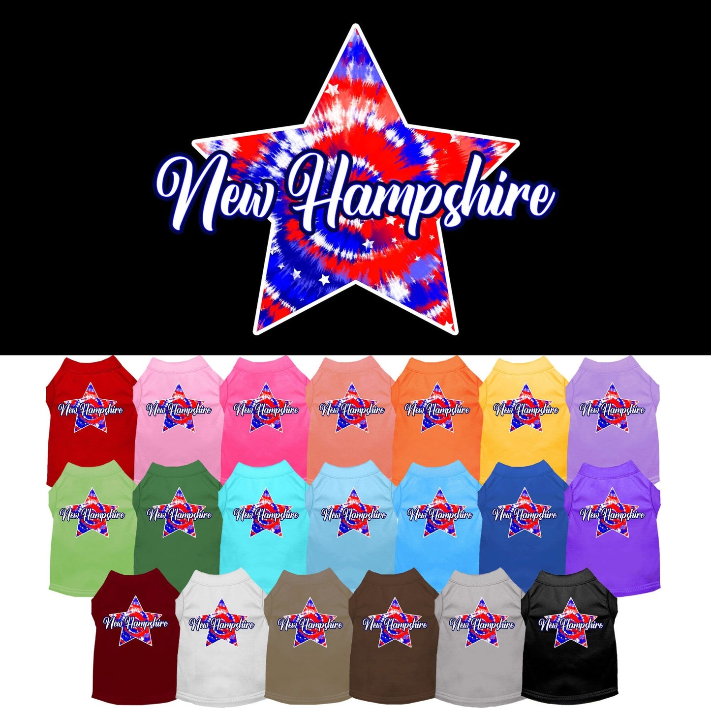 Camiseta serigrafiada para perros y gatos, para mascotas pequeñas y medianas (tallas XS a XL), "New Hampshire Patriotic Tie Dye"