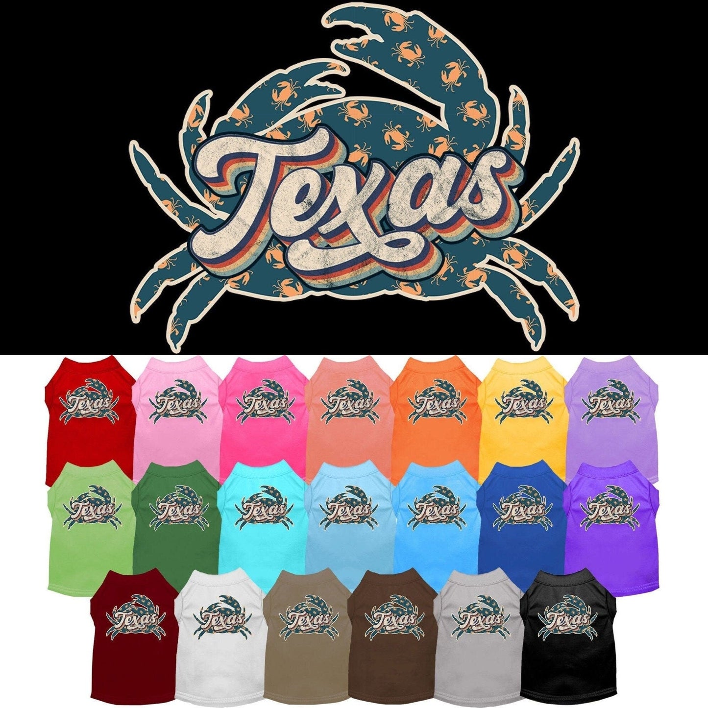 Camiseta serigrafiada para perros y gatos, para mascotas pequeñas y medianas (tallas XS a XL), "Texas Retro Crabs"