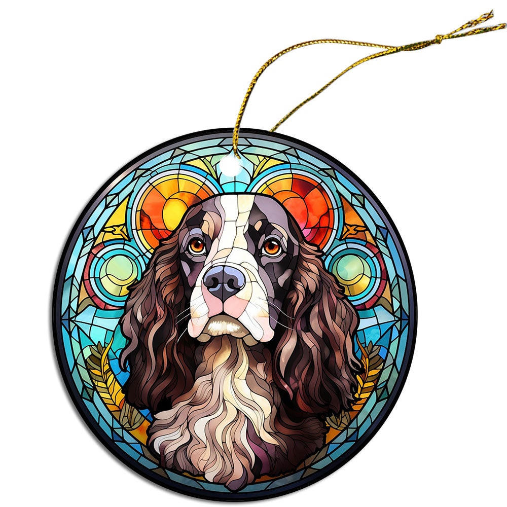 Adorno navideño de vidrieras con la raza de perro "Springer Spaniel inglés"