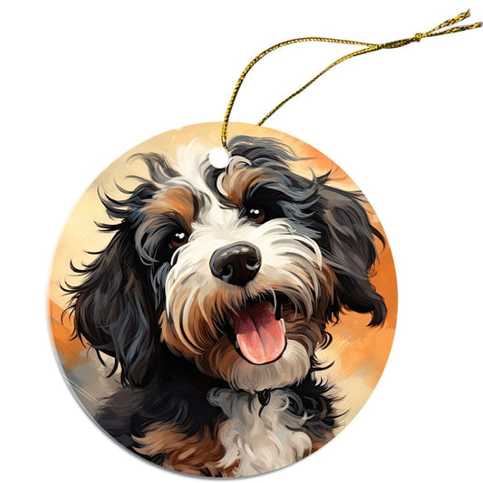 Dog Breed Specific Round Christmas Ornament, "Bernedoodle"