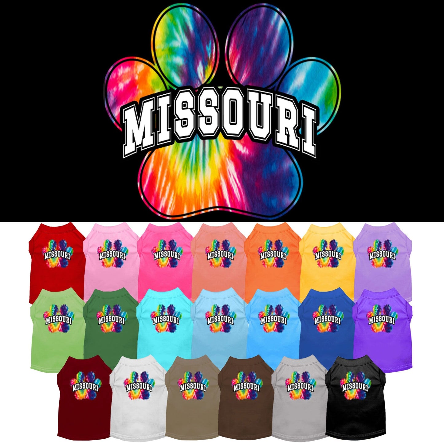 Camisa serigrafiada para perros y gatos, para mascotas pequeñas y medianas (tallas XS a XL), "Missouri Bright Tie Dye"