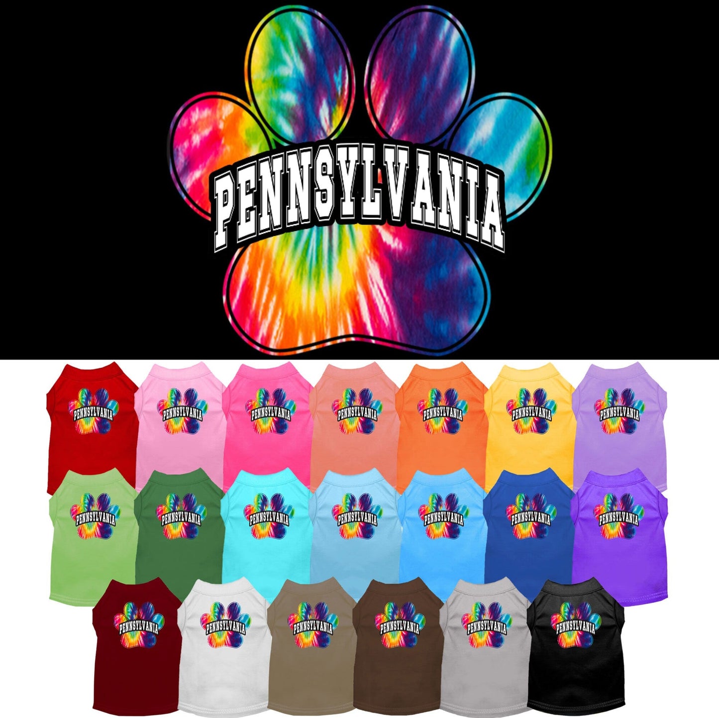 Camisa serigrafiada para perros y gatos, para mascotas pequeñas y medianas (tallas XS a XL), "Pennsylvania Bright Tie Dye"